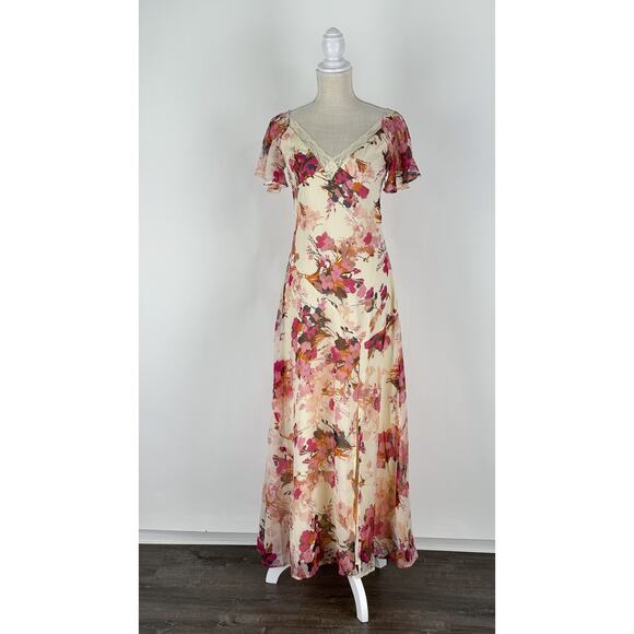 ASOS V Neck Lace Chiffon Floral Midi Tea Dress Womens Size 4 New Cream Pink - Picture 5 of 14